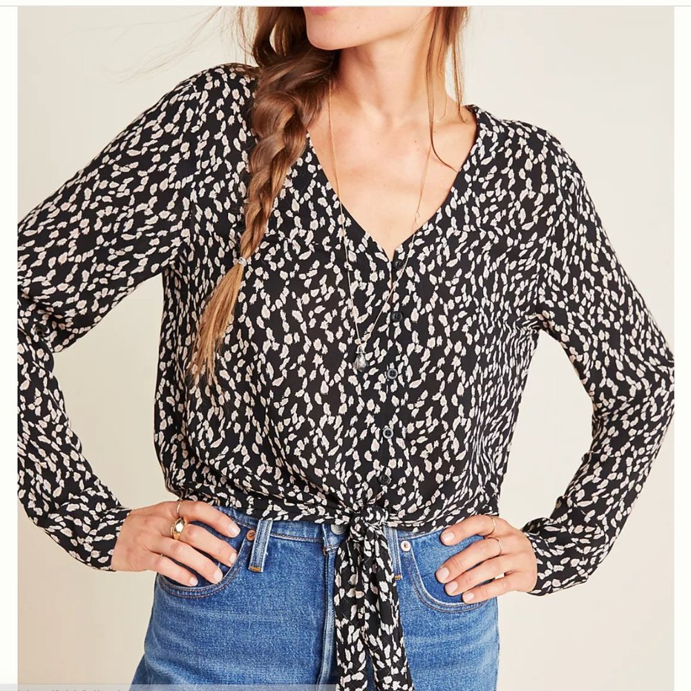 Anthropologie Cloth & Stone Rachel Tie-Front Long Sleeves Blouse Size S
